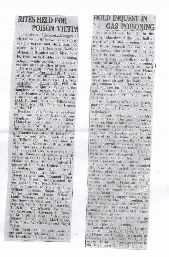 Kenneth Verne Cornish, Gas Poisoning Inquest